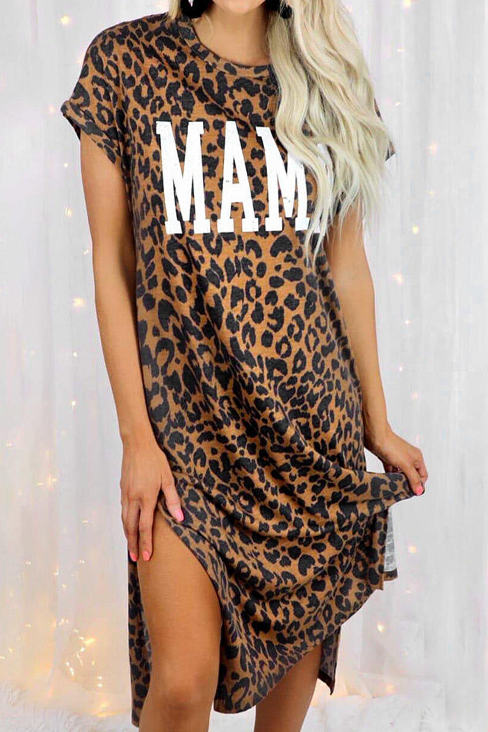 Leopard MAMA Letter Print Slit T-Shirt Dress T Shirt Dresses JT's Designer Fashion