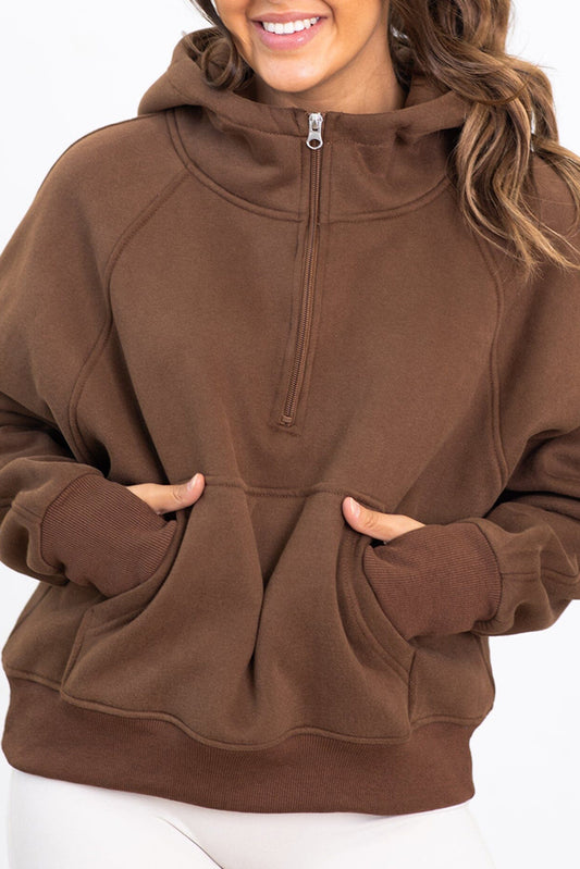 Coffee Kangaroo Pocket Half Zipper Loose Fit Hoodie Pre Order Sweatshirts & Hoodies JT's Designer Fashion
