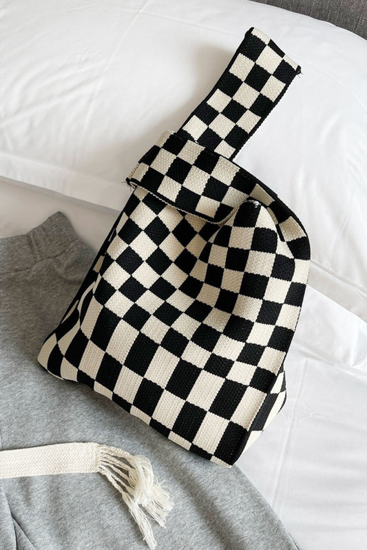 Black White Checkerboard Woolen Knitted Bag Shoulder Bags JT's Designer Fashion