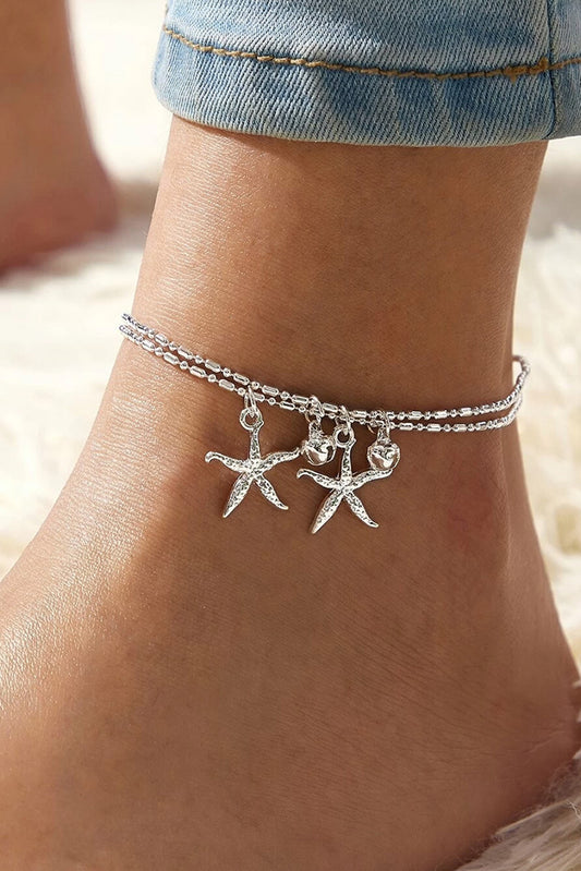 Silver Starfish Bell Dual-Layered Anklet Jewelry JT's Designer Fashion