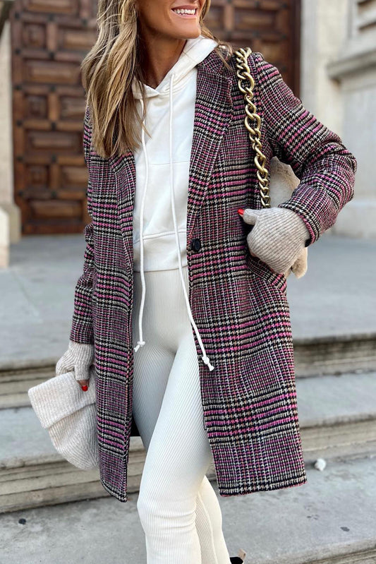 Pink Plaid Lapel Collar One Button Long Coat Outerwear JT's Designer Fashion