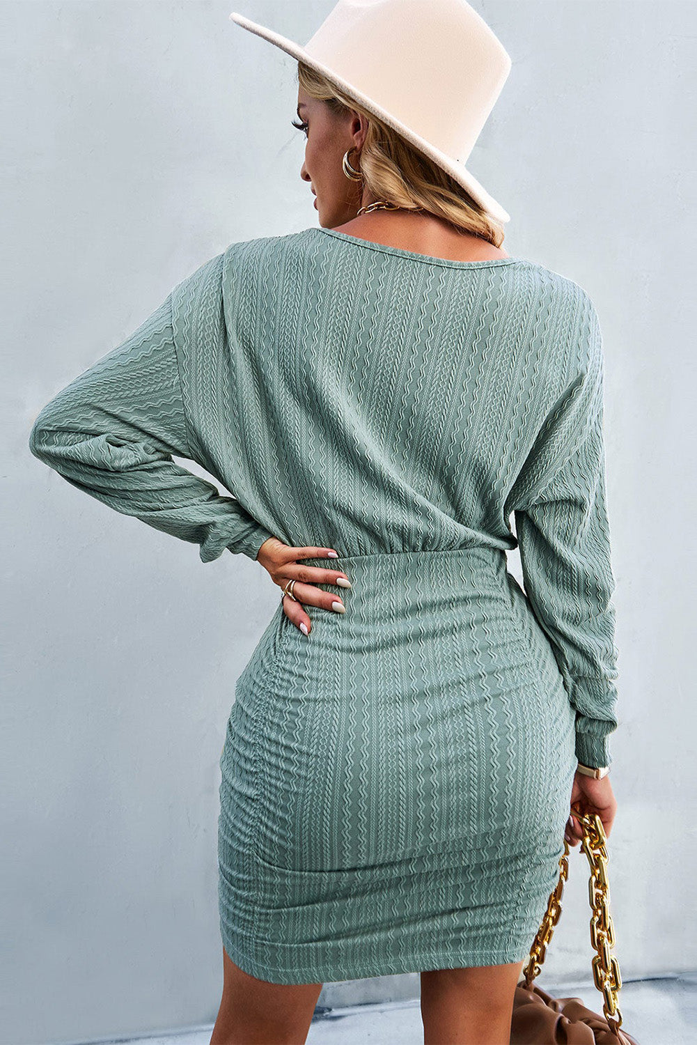 Green Long Sleeve Textured Knit Bodycon Dress Dresses JT's Designer Fashion