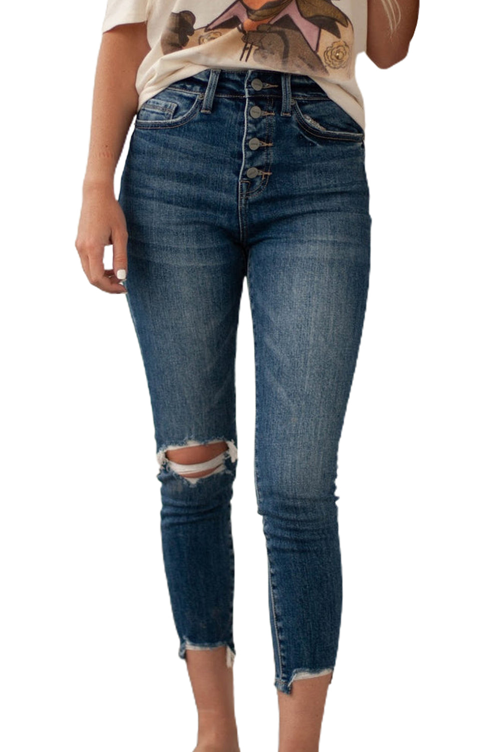 Blue Button Fly High Waist Ripped Skinny Fit Ankle Jeans Jeans JT's Designer Fashion