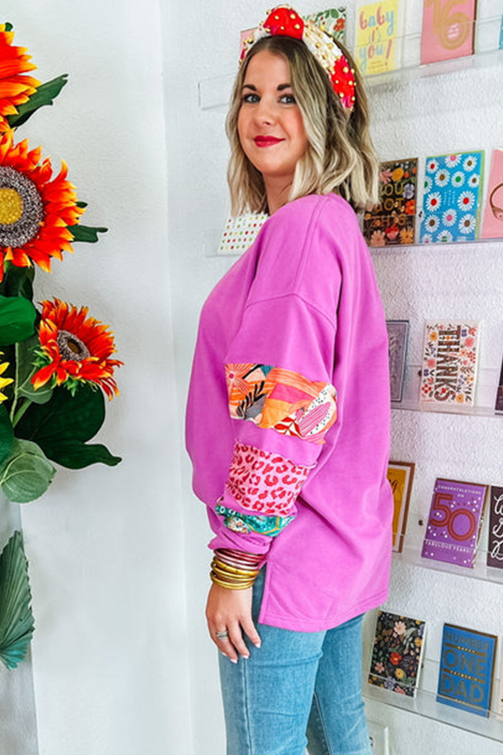 Bright Pink Floral Leopard Print Patch Sleeve Sweatshirt Pre Order Tops JT's Designer Fashion