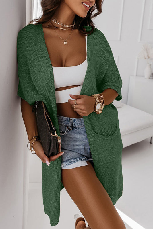 Green Khaki Dolman Half Sleeve Pocketed Long Cardigan Pre Order Sweaters & Cardigans JT's Designer Fashion