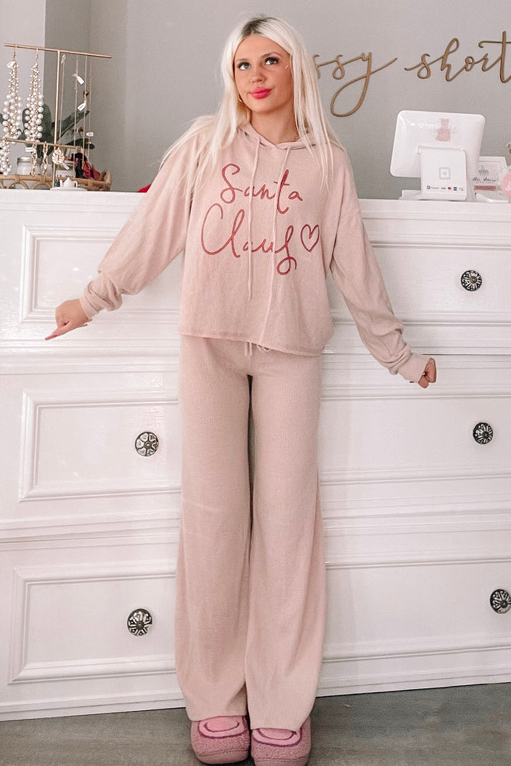 Light Pink Santa Claus Christmas PJ Set Loungewear JT's Designer Fashion