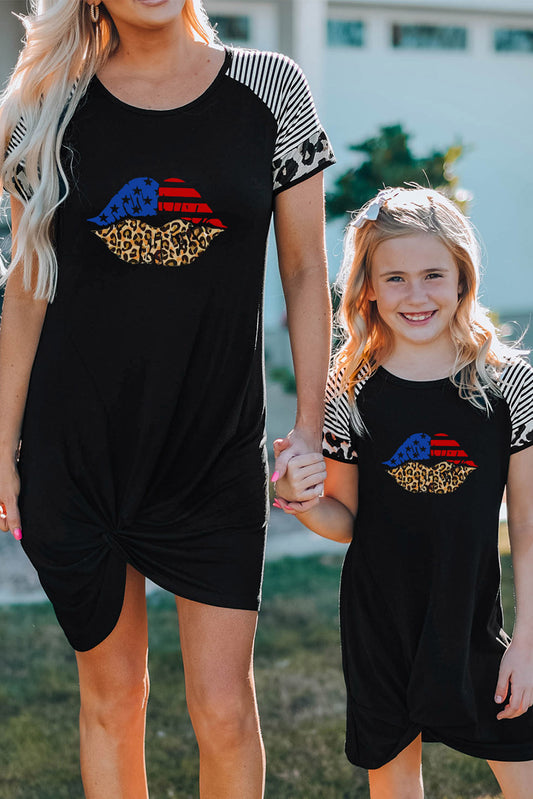 Black American Flag Leopard Lip Print Ruched T Shirt Dress Black 95%Polyester+5%Spandex Family Dress JT's Designer Fashion