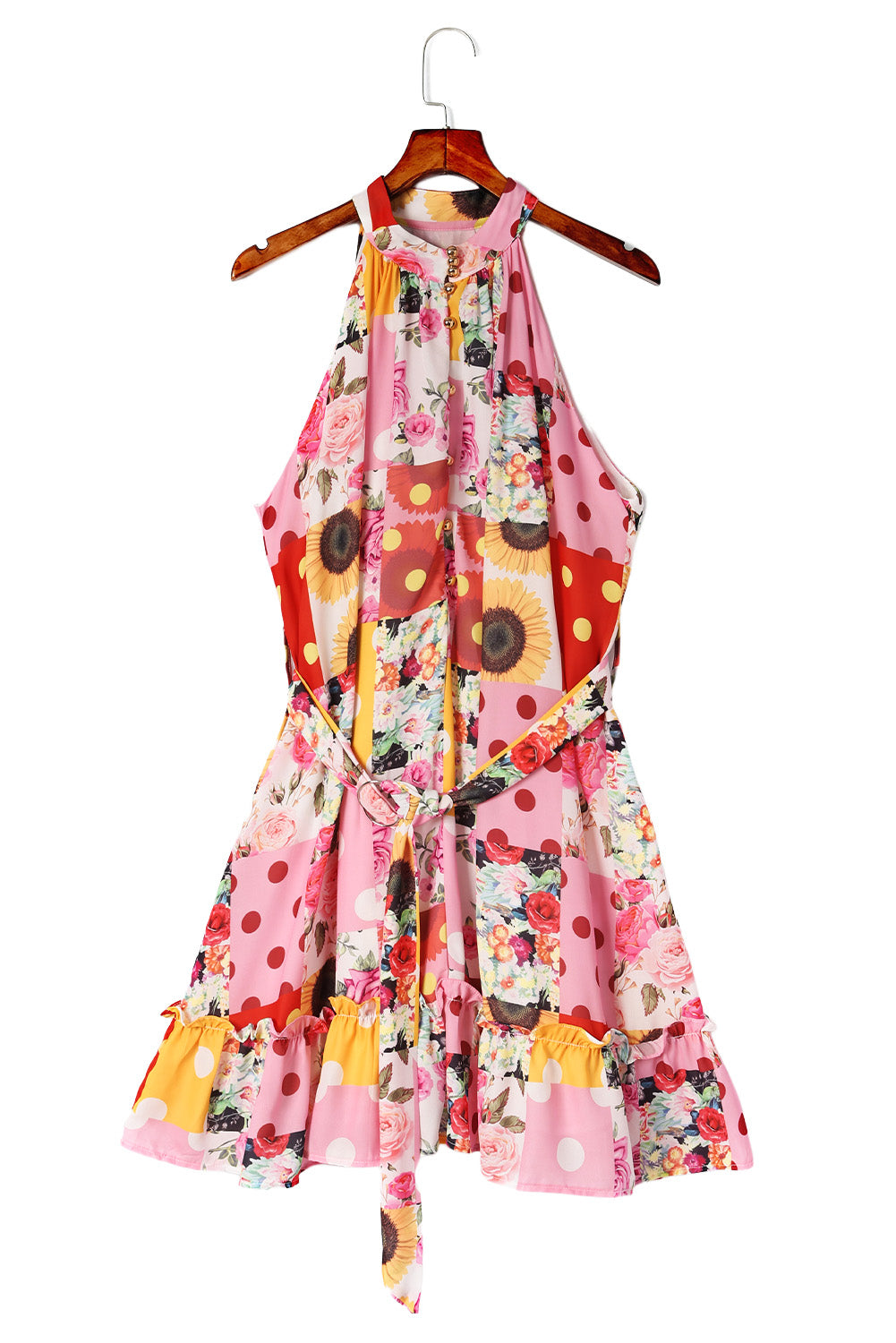 Multicolor Floral Polka Dot Print Belted Ruffled Sleeveless Mini Dress Floral Dresses JT's Designer Fashion