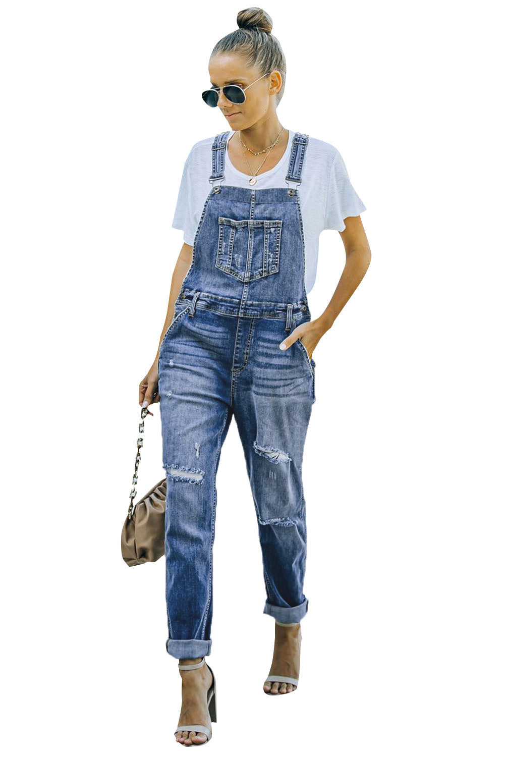 Sky Blue Distressed Bib Denim Overalls Jeans JT's Designer Fashion