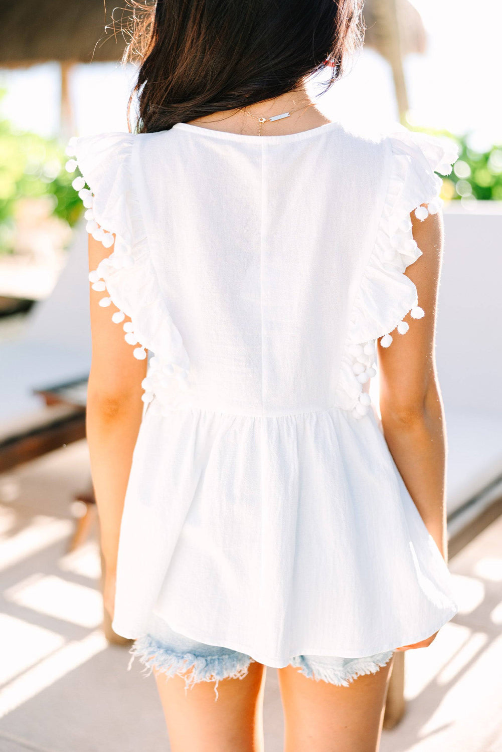 White Floral Embroidered Pompom Flutter Blouse Blouses & Shirts JT's Designer Fashion