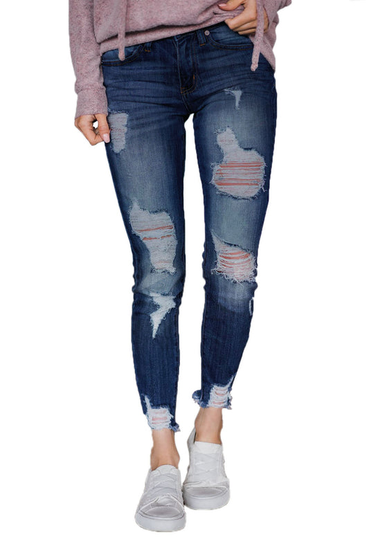 Slate Blue Wash Frayed Hem Distressed Jeans Blue 75%Cotton+23%Polyester+2%Spandex Jeans JT's Designer Fashion