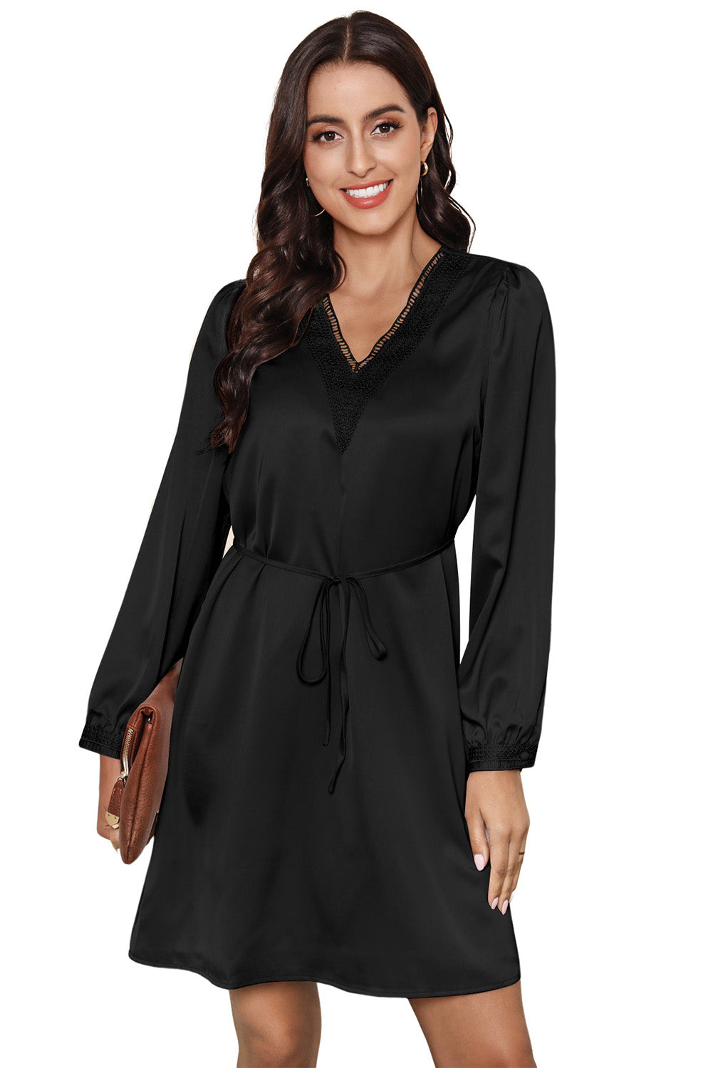 Black Lace Trim V Neck Tie Waist Long Sleeve Dress Mini Dresses JT's Designer Fashion