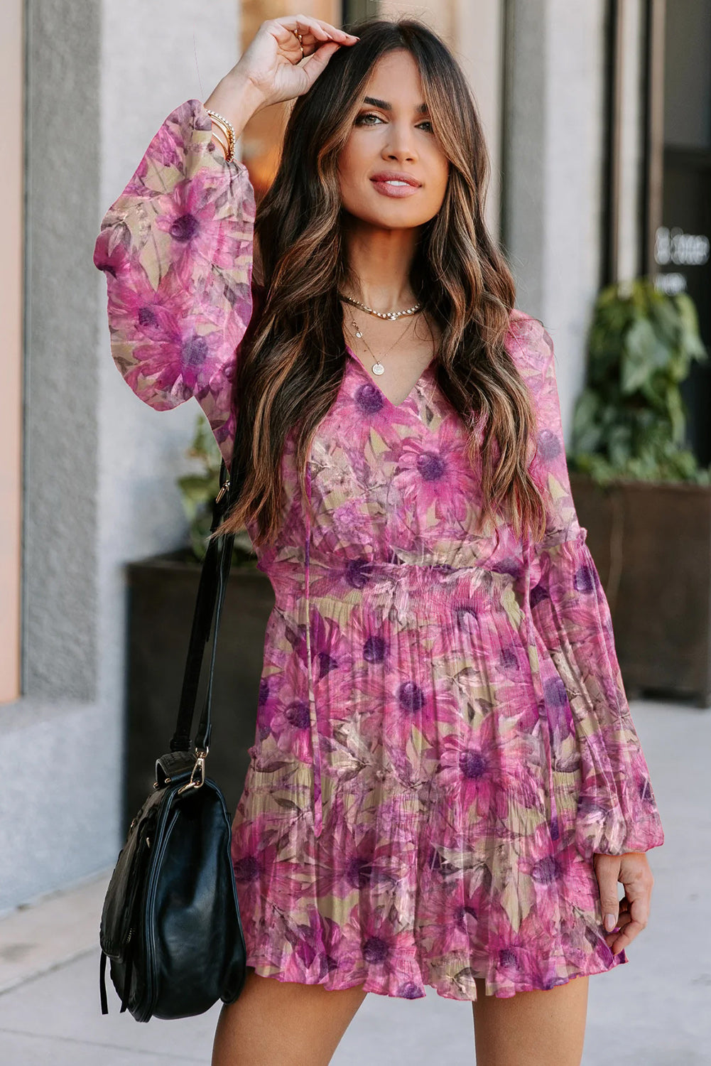Purple Lace up Split Neck Bubble Sleeve Floral Dress Dresses JT's Designer Fashion