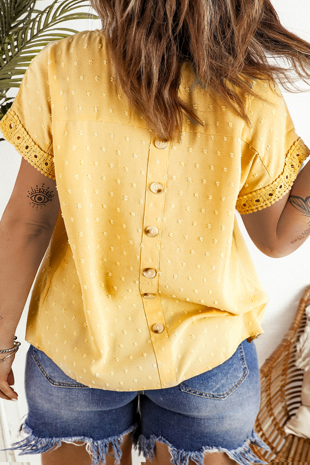 Yellow Cream Guipure Lace Trim Swiss Dot Curvy Blouse Pre Order Plus Size JT's Designer Fashion