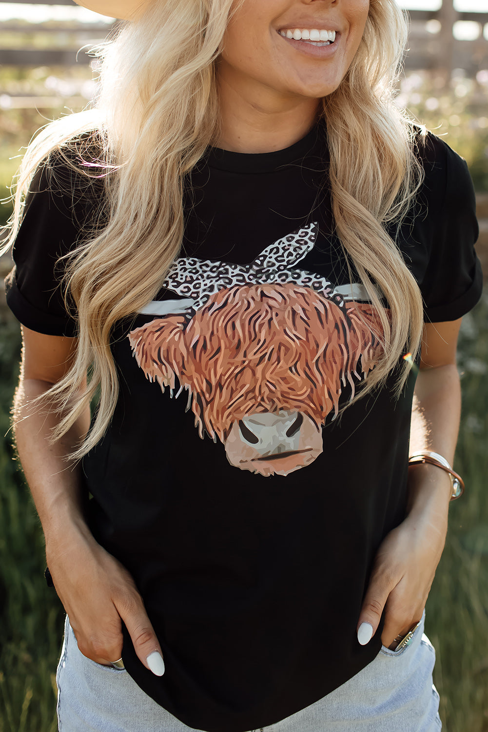 Black Cute Cattle Leopard O-Neck T-Shirt Black Cotton Blends Graphic Tees JT's Designer Fashion