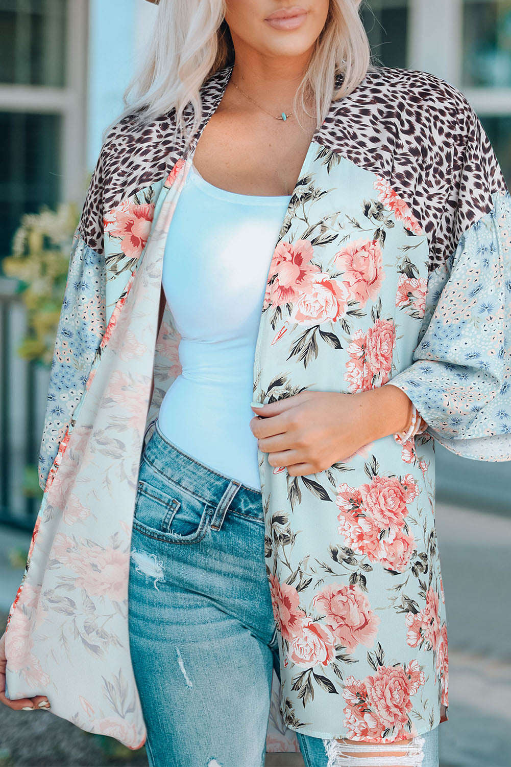 Sky Blue Leopard Floral Mixed Print Wide Sleeves Kimono Kimonos JT's Designer Fashion