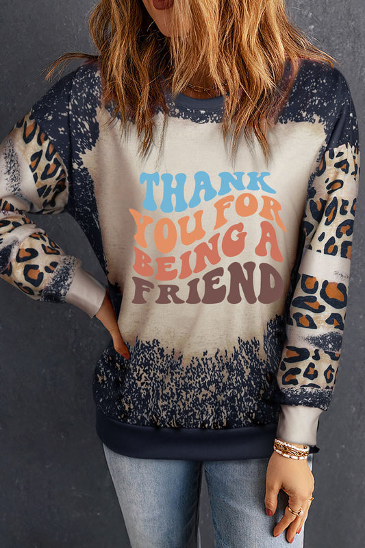 Black THANK YOU FOR BEING A FRIEND Graphic Leopard Tie Dye Sweatshirt Black 95%Polyester+5%Elastane Graphic Sweatshirts JT's Designer Fashion