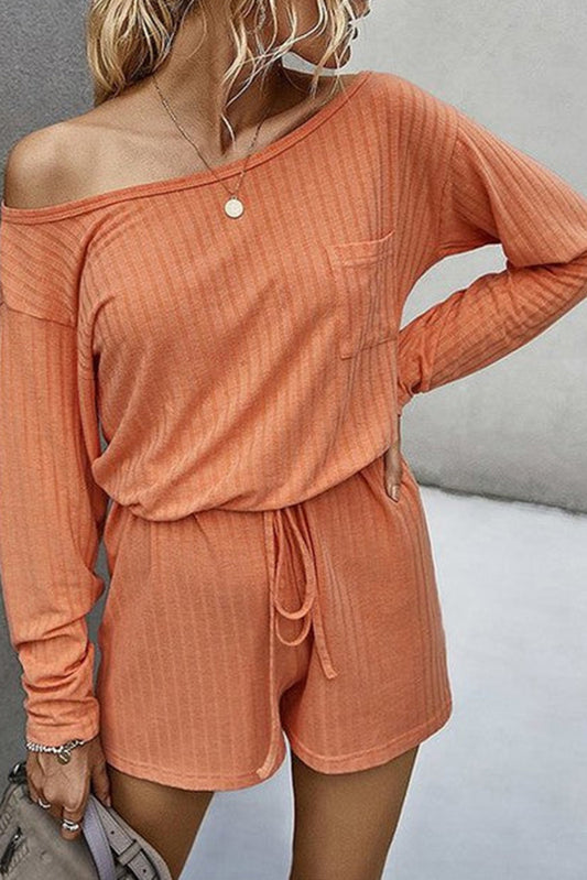 Orange Ribbed Drawstring Waist Long Sleeve Romper Loungewear JT's Designer Fashion
