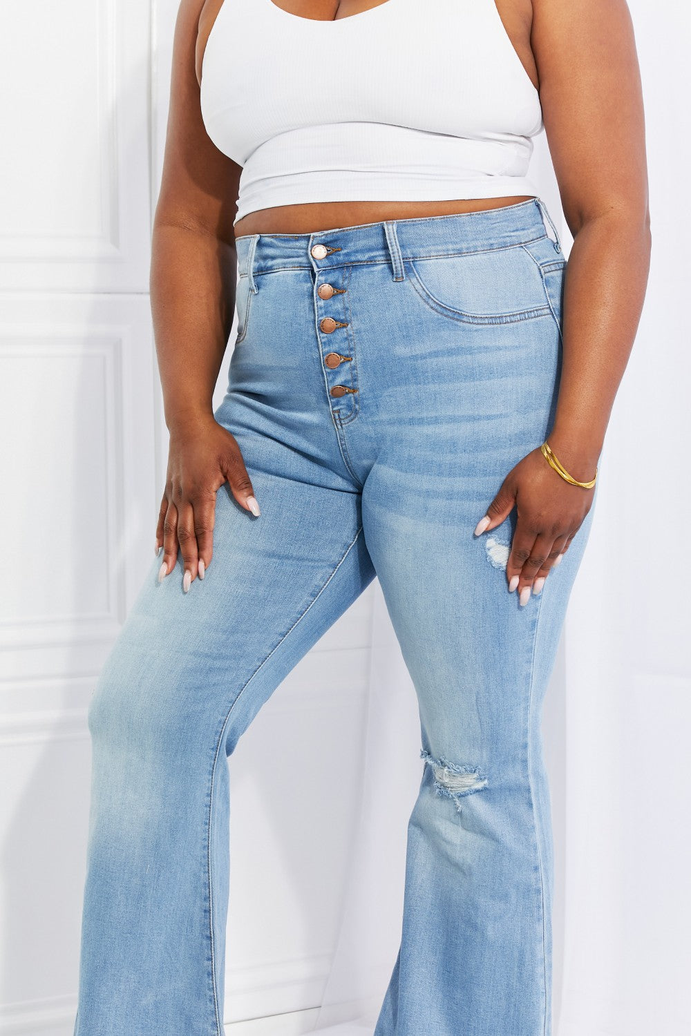 Vibrant MIU Full Size Jess Button Flare Jeans Jeans JT's Designer Fashion