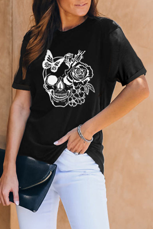 Black Skull and Rose Hallowen Fashion T Shirt Black 95%Polyester+5%Spandex Graphic Tees JT's Designer Fashion