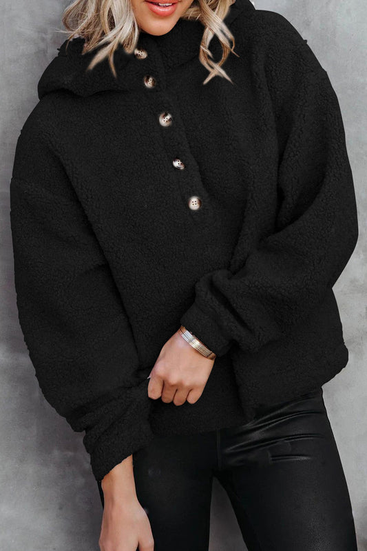 Black Half Button Hooded Loose Teddy Sweatshirt Pre Order Sweatshirts & Hoodies JT's Designer Fashion