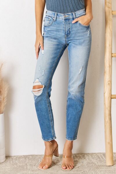 Kancan High Rise Distressed Slim Straight Jeans Medium Jeans JT's Designer Fashion