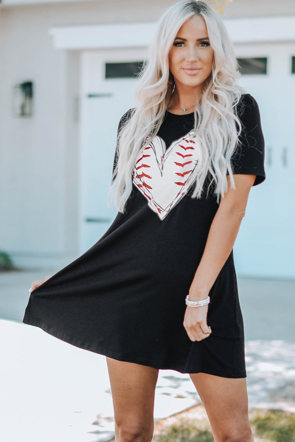 Black Baseball Love Print Crew Neck Mini Dress Family Dress JT's Designer Fashion