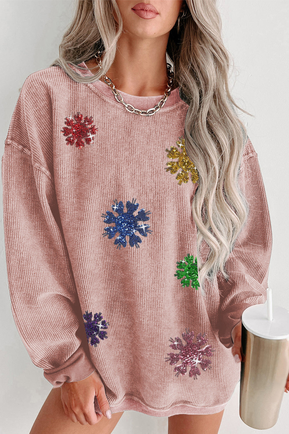 Pink Sequin Snowflake Corded Drop Shoulder Sweatshirt Pink 100%Polyester Graphic Sweatshirts JT's Designer Fashion