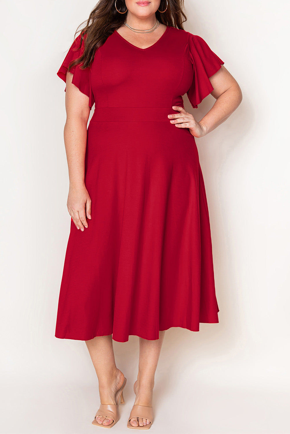Red Plus Size Short Flutter Sleeve Midi Dress Plus Size Dresses JT's Designer Fashion