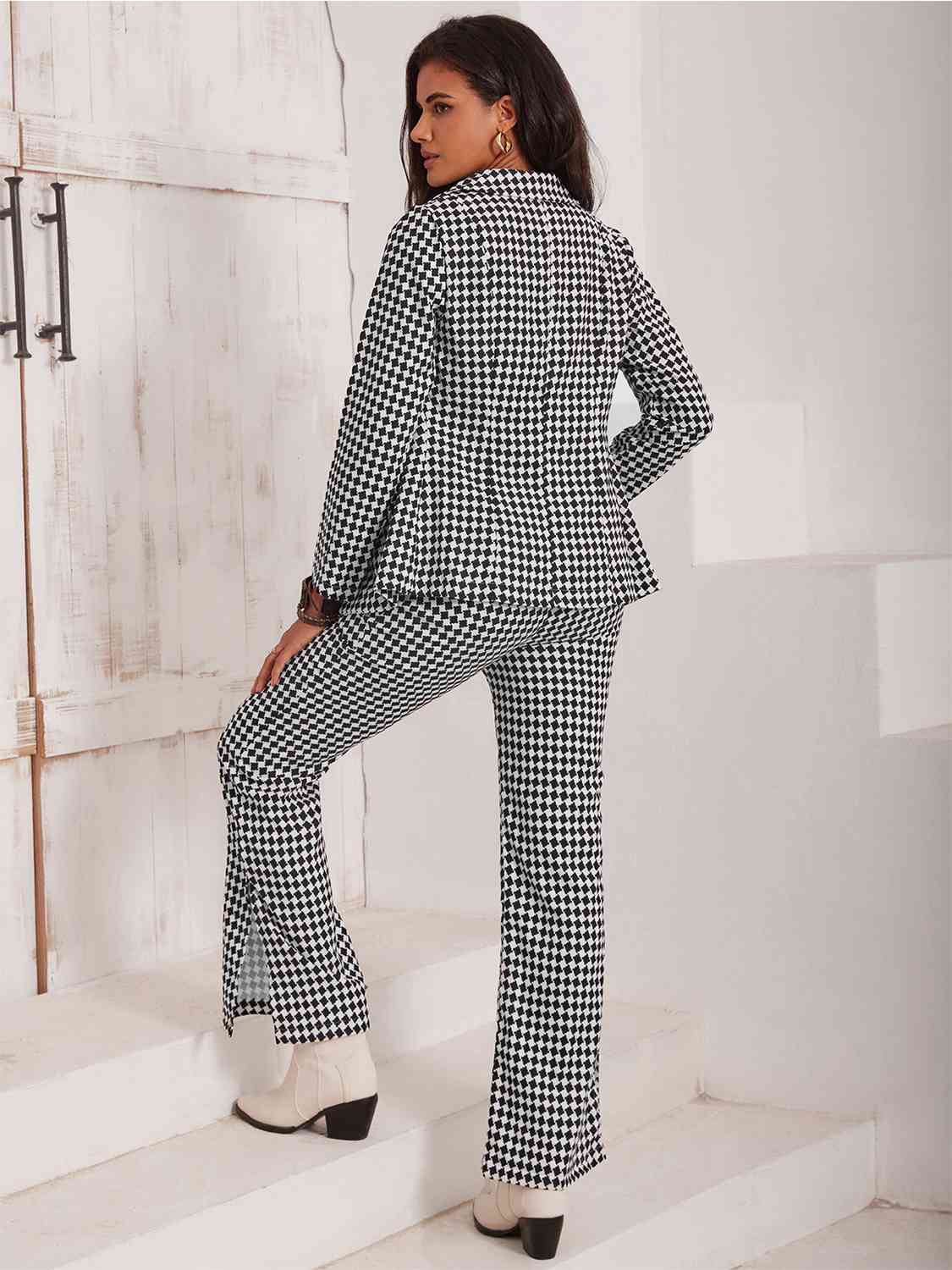 Checkered Blazer & Slit Pants Set Pants & Culotte JT's Designer Fashion