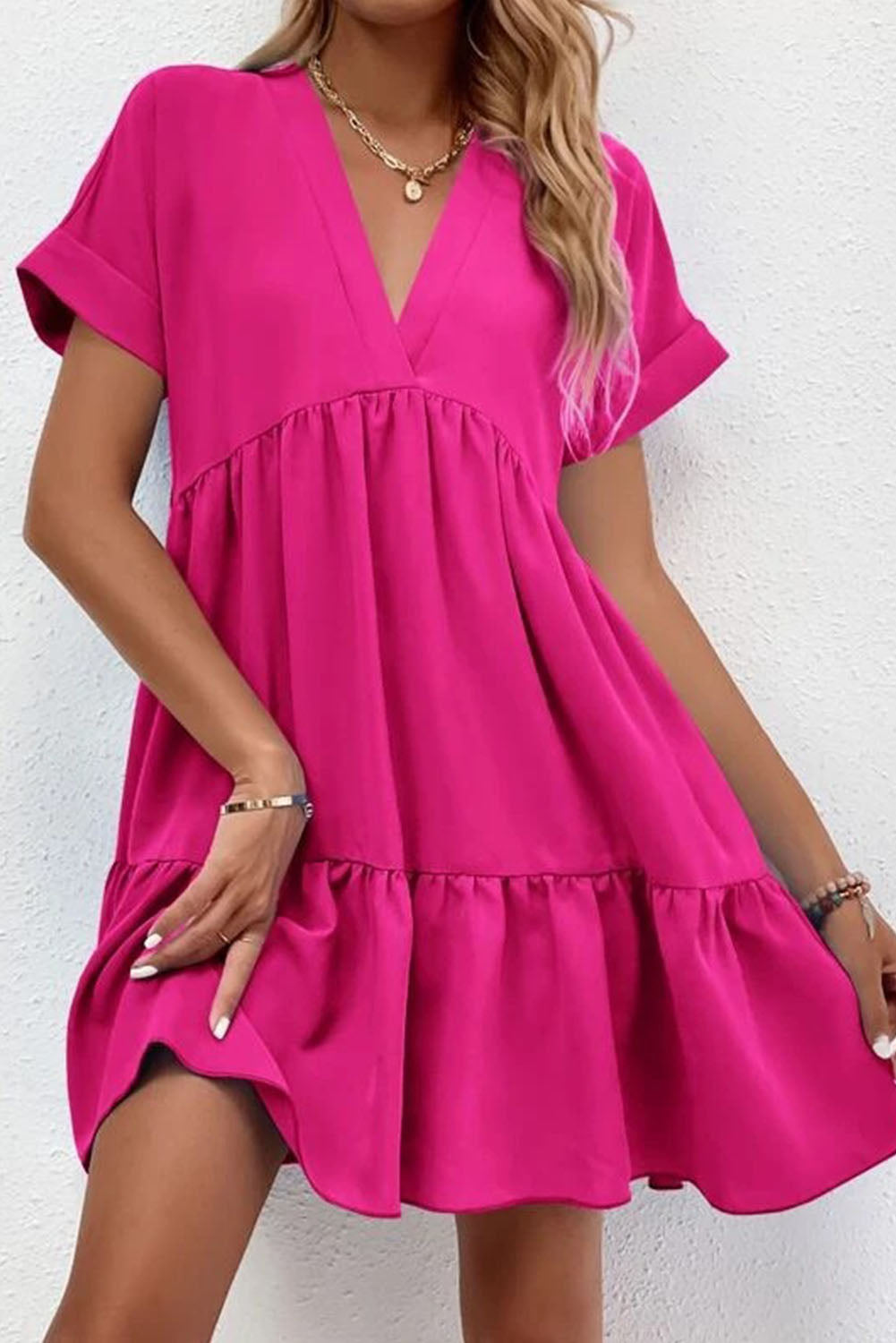 Rose Fresh and sweet V-neck solid color large swing casual skirt dress Mini Dresses JT's Designer Fashion