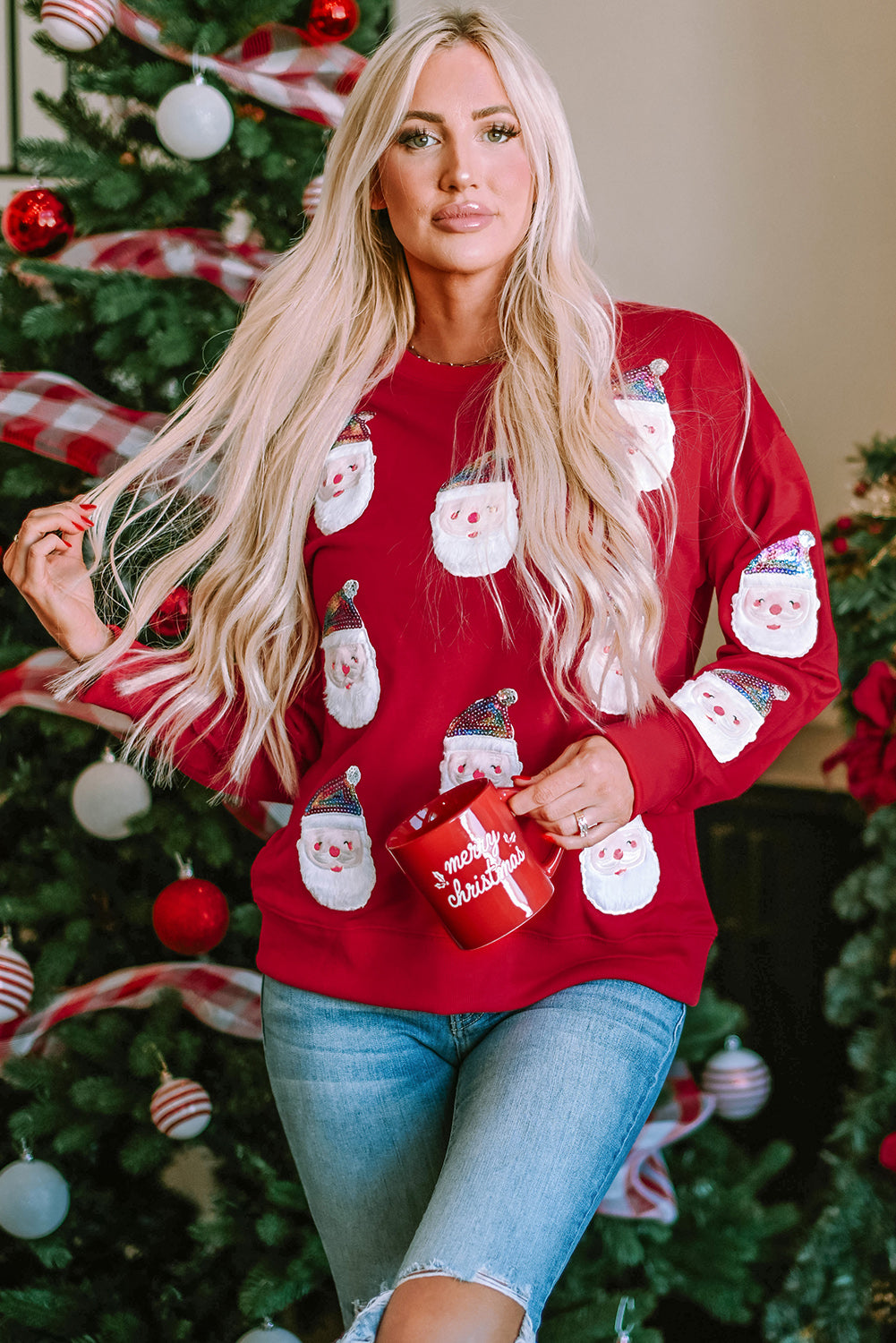 Fiery Red Sequined Christmas Santa Clause Graphic Sweatshirt Red-2 70%Polyester+30%Cotton Graphic Sweatshirts JT's Designer Fashion