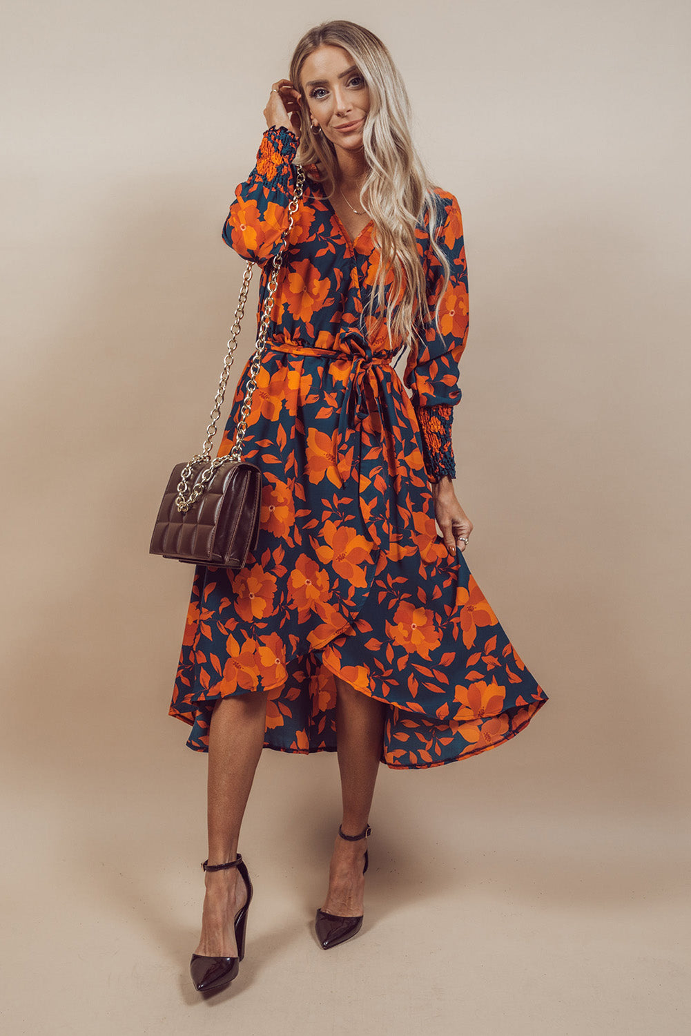 Orange Faux Wrap Belted Long Floral Dress Dresses JT's Designer Fashion