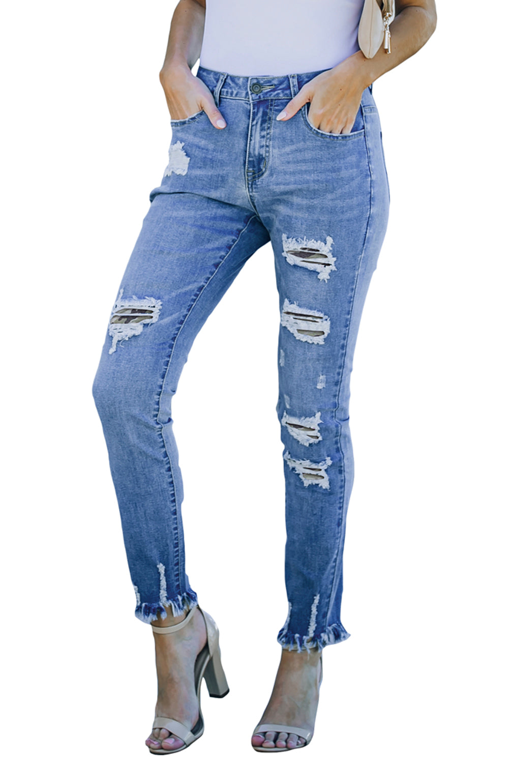 Camo Print Patch Distressed Raw Hem Jeans Jeans JT's Designer Fashion