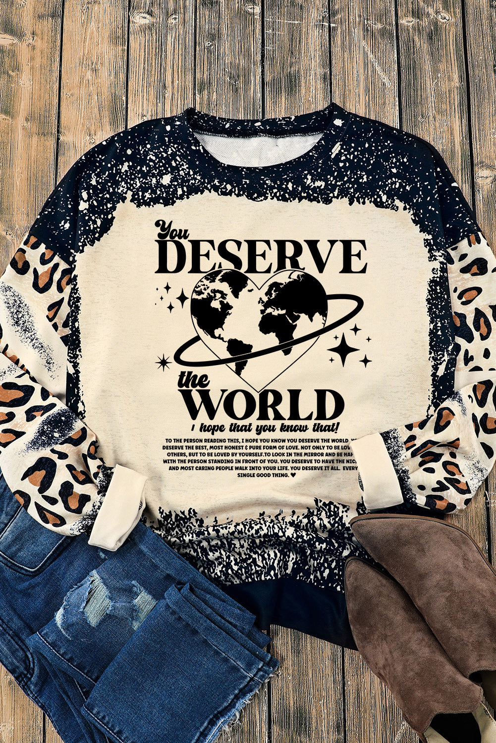 Black you DESERVE the WORLD Slogan Leopard Tie Dye Sweatshirt Graphic Sweatshirts JT's Designer Fashion