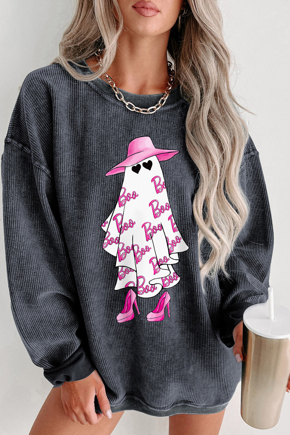Gray Halloween Ghost Boo Graphic Corded Sweatshirt Gray 100%Polyester Graphic Sweatshirts JT's Designer Fashion