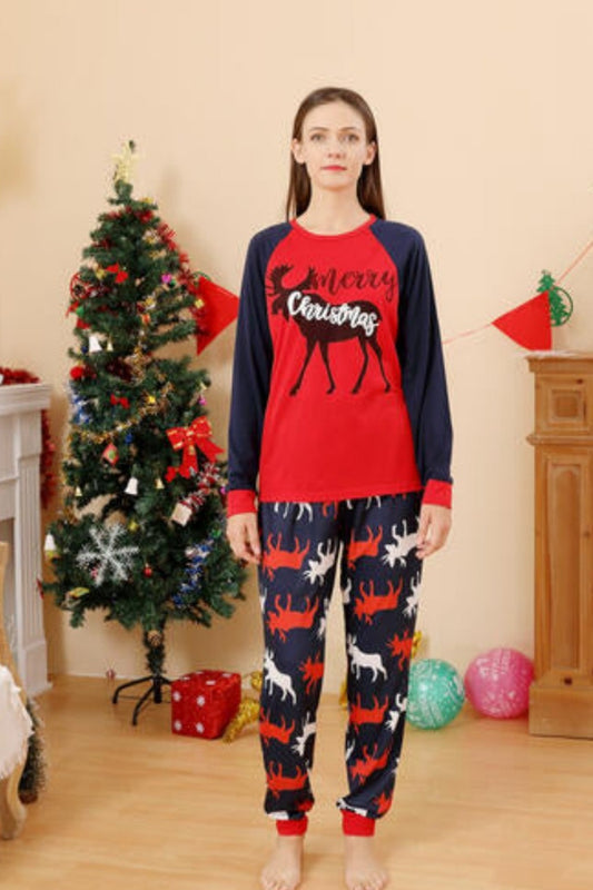 Women Merry Christmas Graphic Top and Reindeer Pants Set Red Pajamas JT's Designer Fashion