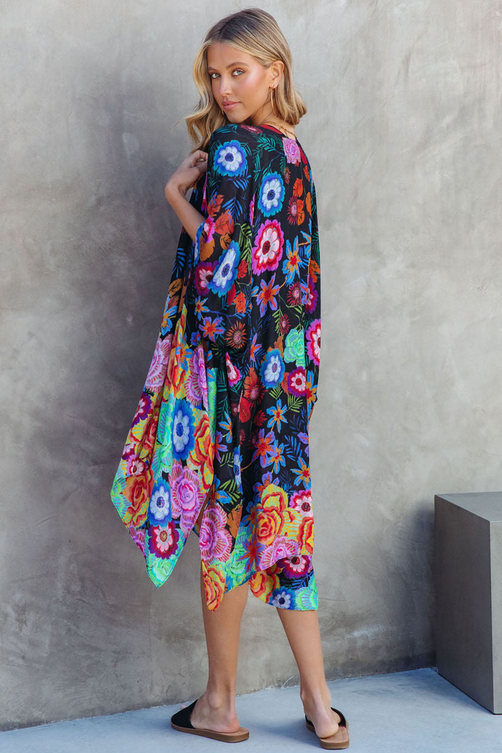 Multicolor Bohemian Floral Print Half Sleeve Open Front Kimono Kimonos JT's Designer Fashion