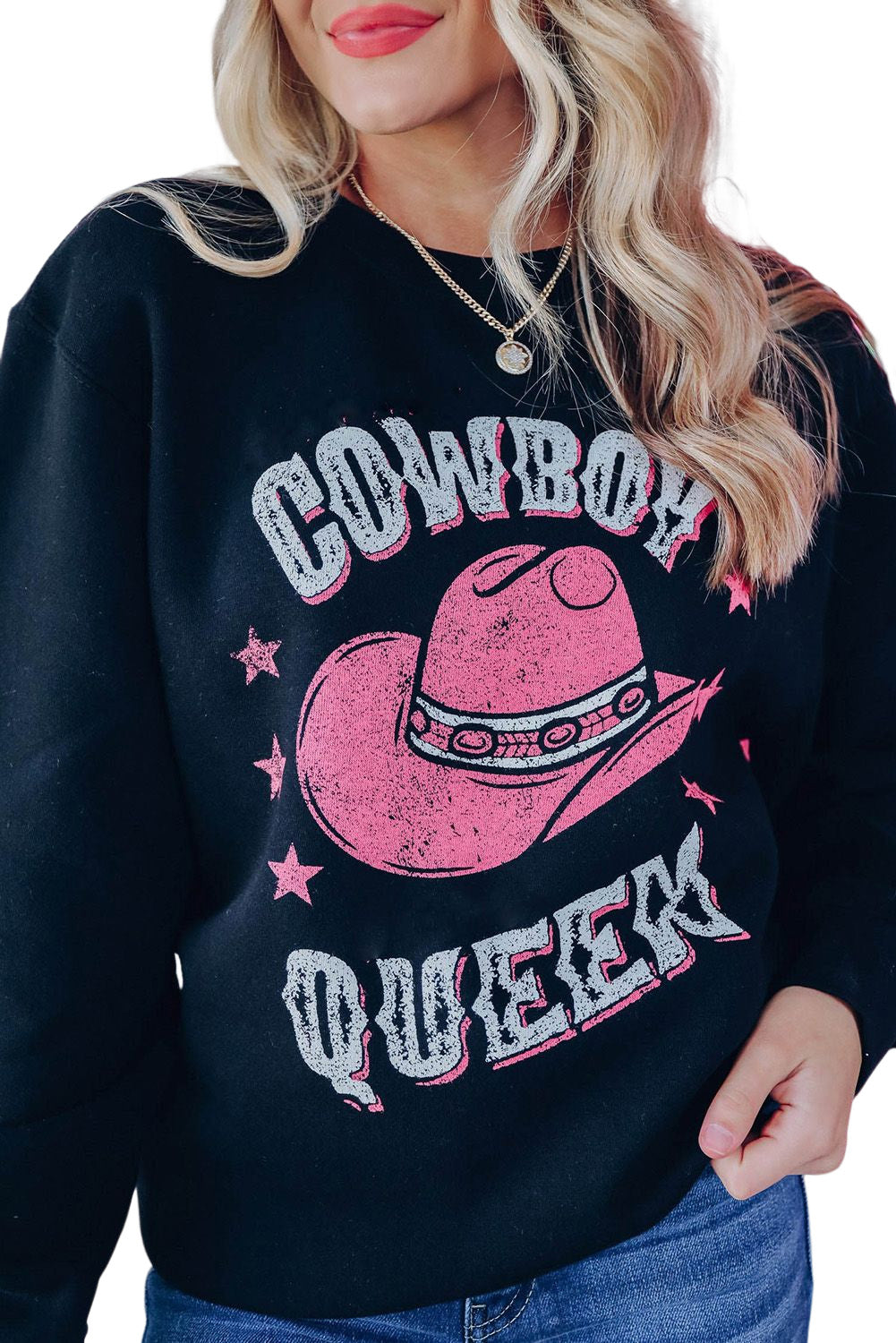 Black COWBOY QUEEN Hat Graphic Print Pullover Sweatshirt Graphic Sweatshirts JT's Designer Fashion