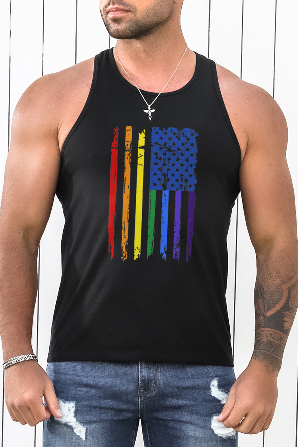 Black Men's Rainbow Color US Flag Printed Racerback Tank Top Black 62%Polyester+32Cotton+6%Elastane Men's Tops JT's Designer Fashion