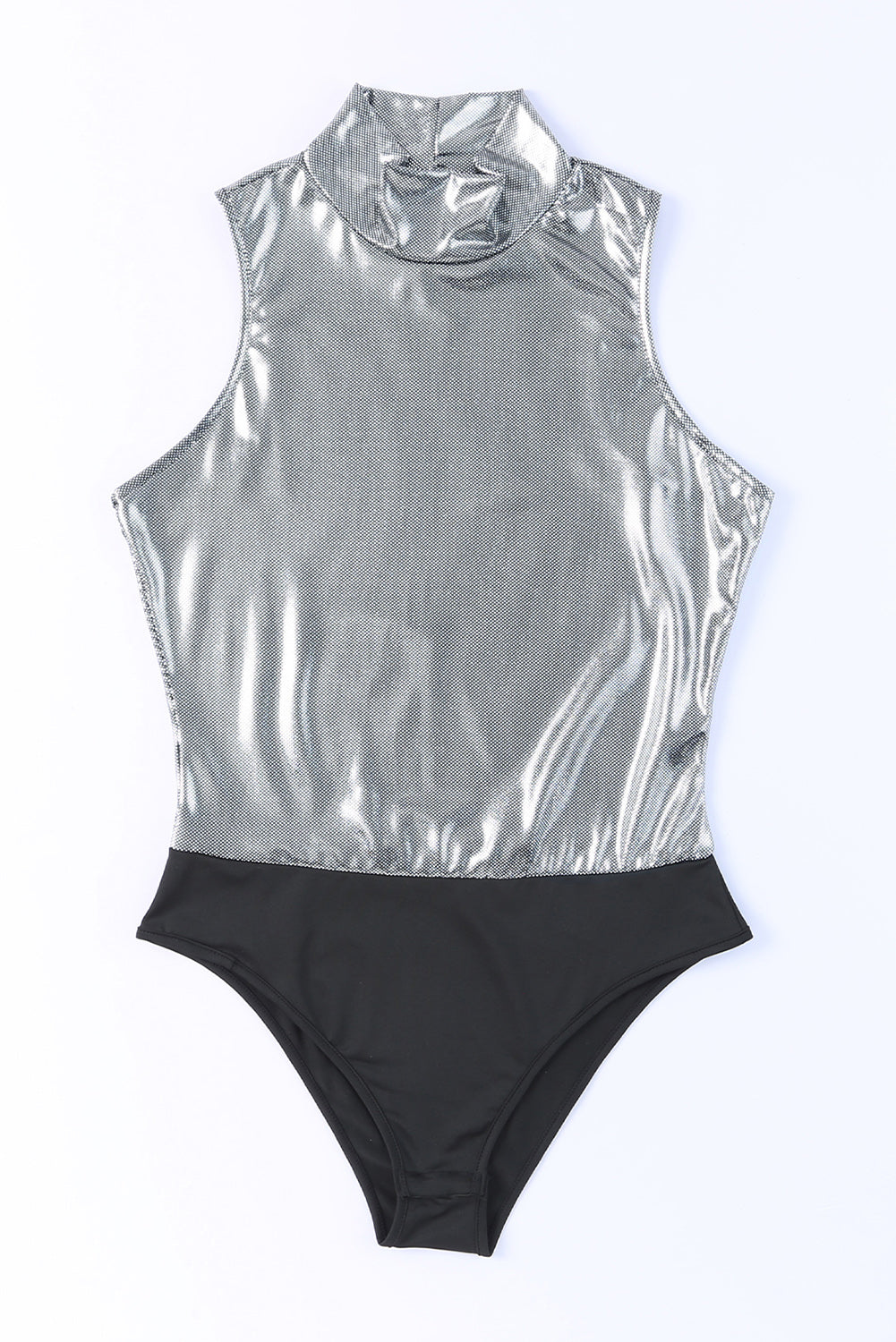 Silver Glitter High Neck Sleeveless Bodysuit Bodysuits JT's Designer Fashion