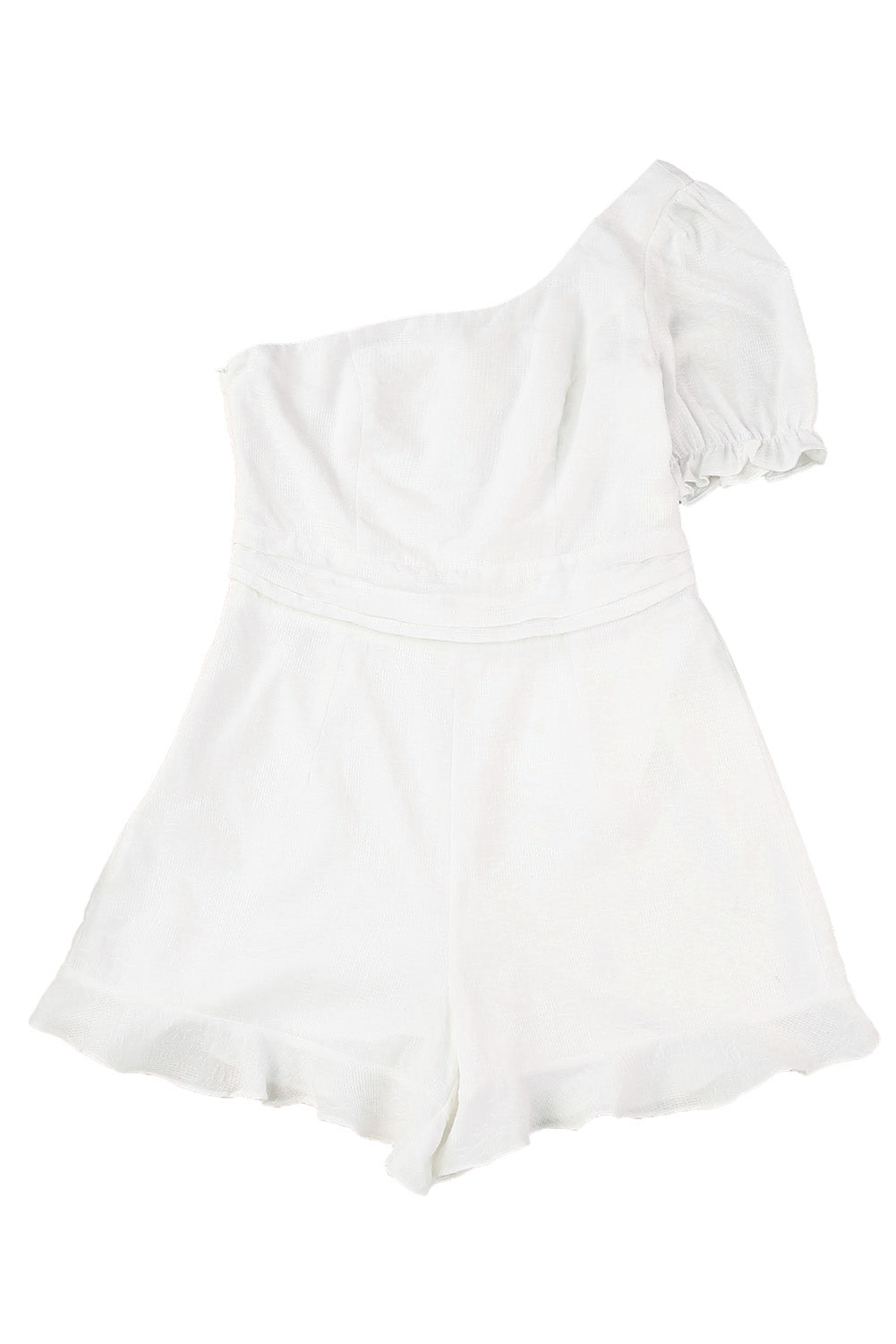 White One-shoulder Puff Sleeves Romper with Ruffle Trim Jumpsuits & Rompers JT's Designer Fashion