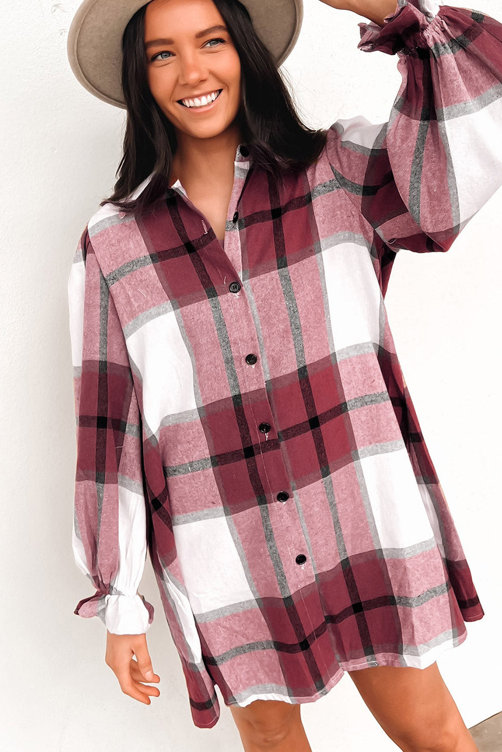 Brown Plaid Pattern Collared Neck Ruffled Sleeve Shirt Dress Dresses JT's Designer Fashion
