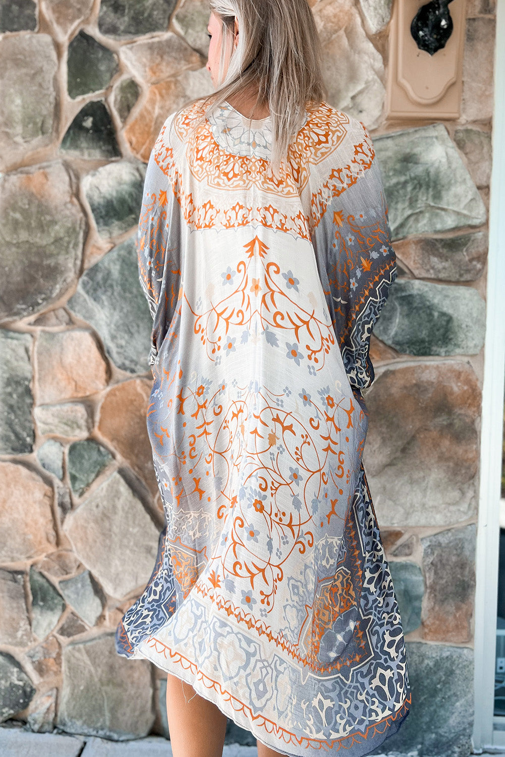 Gray Mandala Fashion Print Half Sleeve Kimono Kimonos JT's Designer Fashion