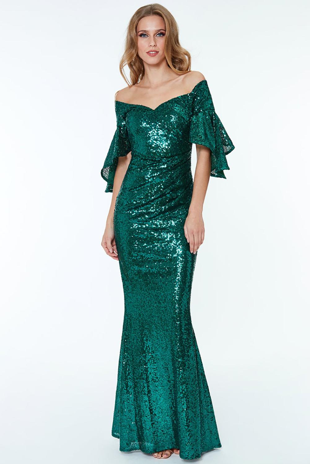 Green Off The Shoulder Sequined Maxi Dress Sequin Dresses JT's Designer Fashion