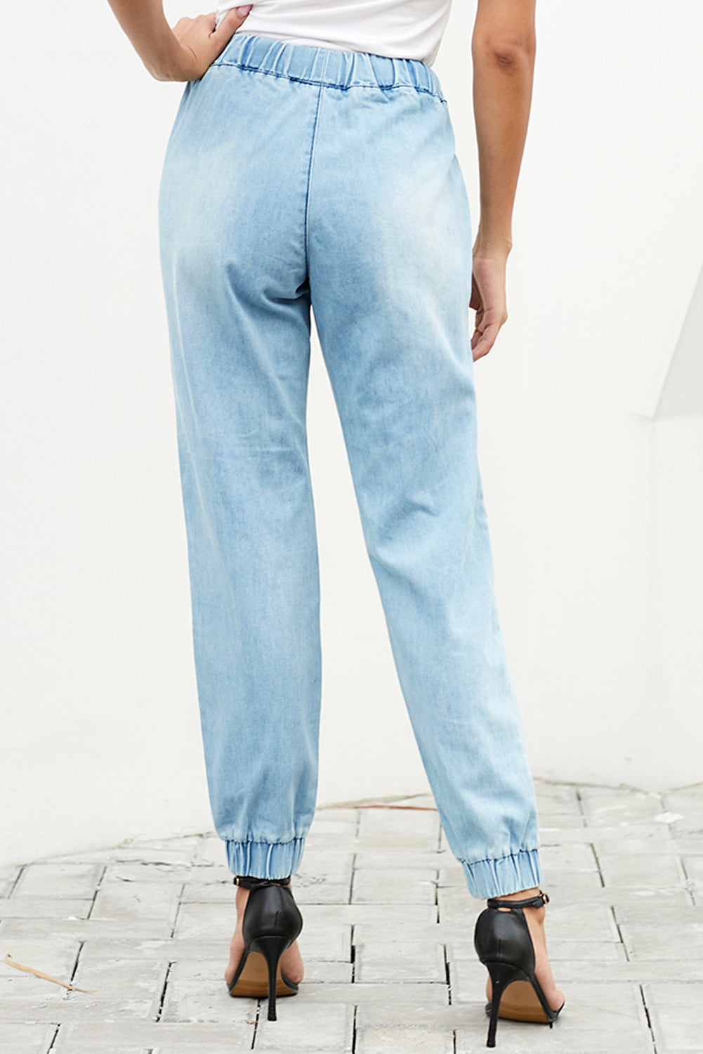 Sky Blue Distress Drawstring Pocketed Joggers Jeans JT's Designer Fashion
