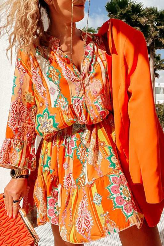 Orange Boho Geometric Print Buttoned V Neck Mini Dress Dresses JT's Designer Fashion