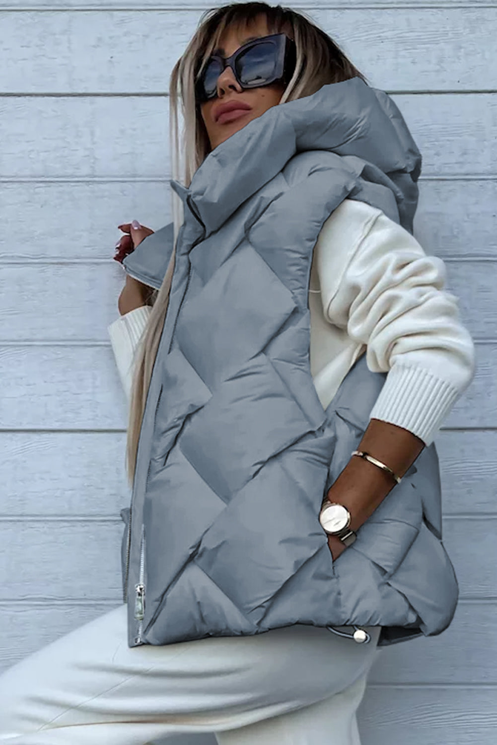Medium Grey Quilted Zipper Front Hooded Vest Coat Outerwear JT's Designer Fashion