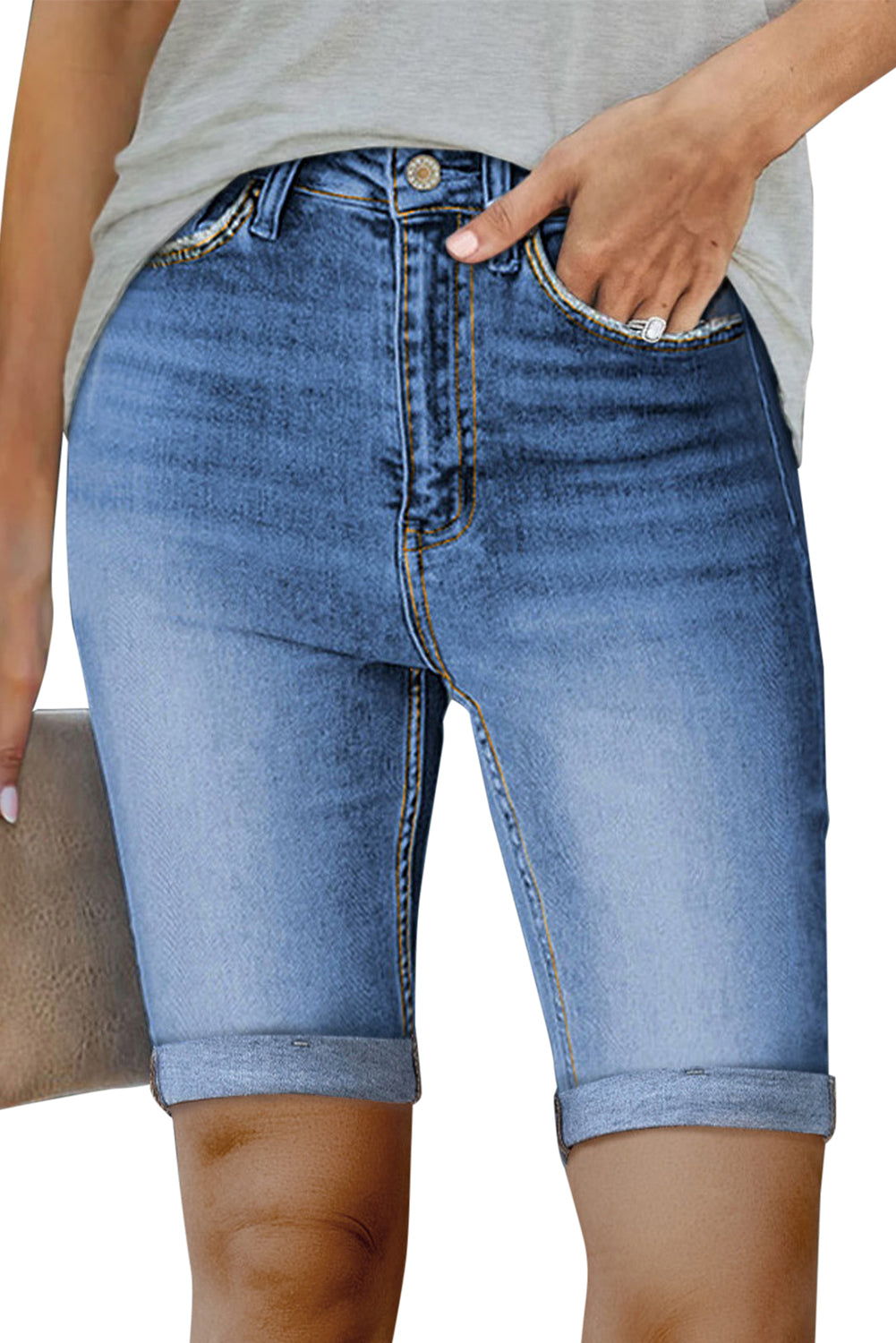 Sky Blue Acid Wash Roll-up Edge Bermuda Short Jeans Denim Shorts JT's Designer Fashion