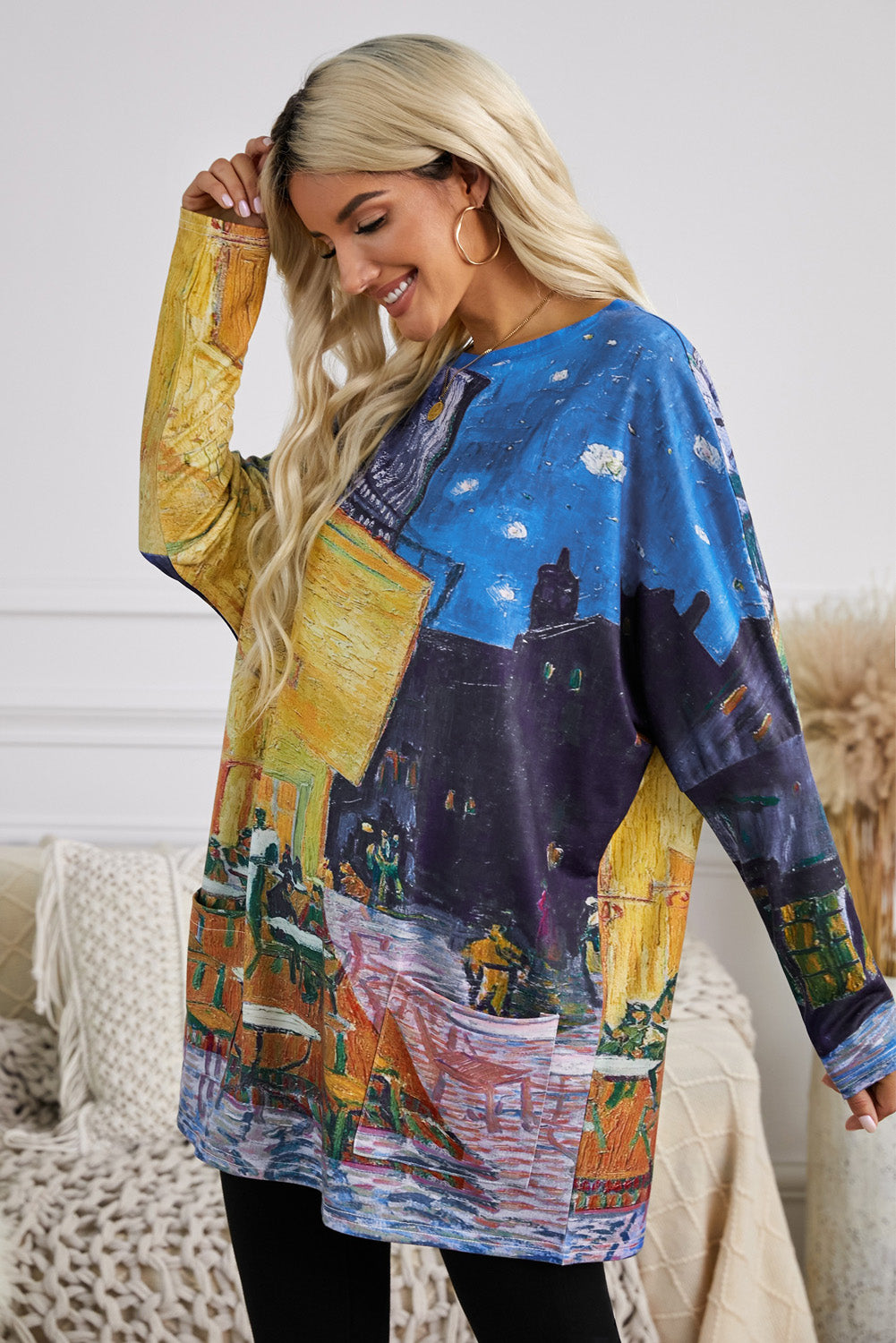 Multi-color Long Sleeve Tunic Top With Two Side Pockets Long Sleeve Tops JT's Designer Fashion